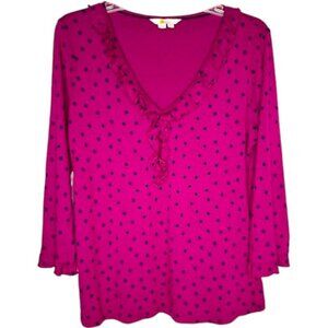 Boden Federica Polka Dot Jersey Ruffle-Neck Top 3/4 Sleeves - Fuchsia/Navy - 10